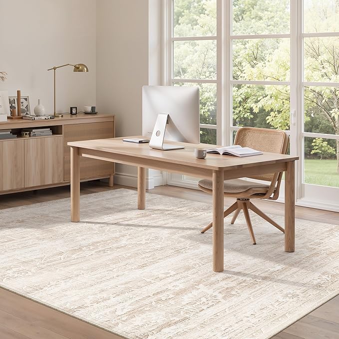 Area Rugs 5x7 for Living Room, Floral Washable Rugs for Dining Room, Bedroom, Kitchen, Vintage Non-Slip Thin Area Rug Beige Ivory