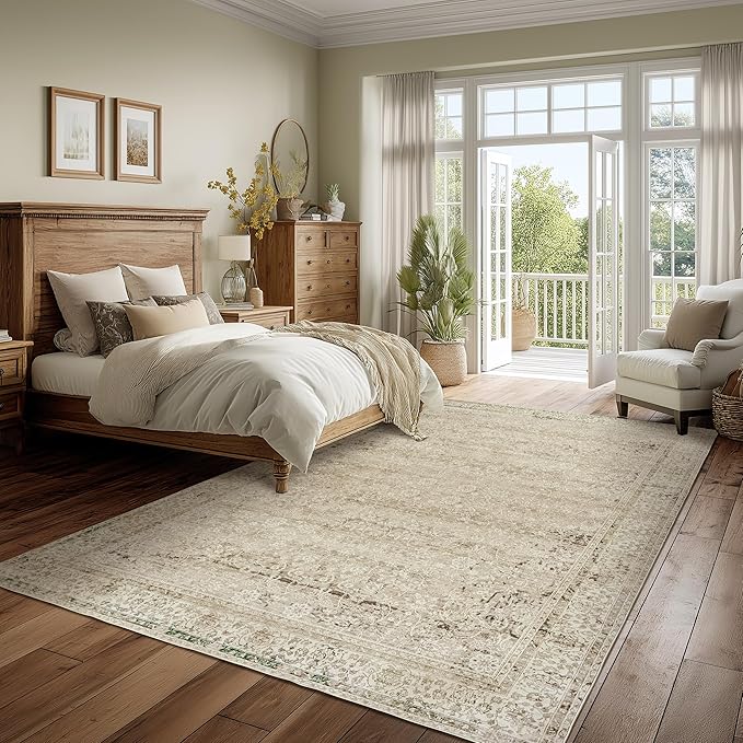 Modern Farmhouse Area Rug 5 x7 Washable Floral Earth Tone Neutral Boho Nursery Rug 5x7 for Baby Boy Bedroom,Tan Brown and Cream Beige
