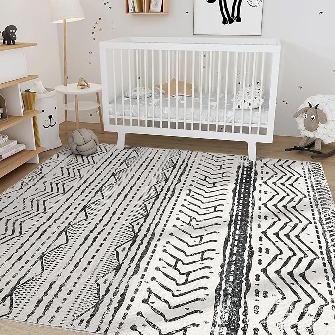 Nakagishi Black Rug Living Room 5X7: Washable Boho Large Neutral Soft Rug Modern Stain Resistant Moroccan Indoor Non-Slip Carpet for Bedroom Kids Playroom Office Dining Room Classroom Dorm