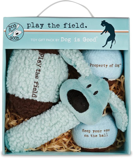 Dog is Good 4-Piece Dog Toy Gift Box – Play The Field Plush Toys Great for Games of Fetch to Exercise Your Dog