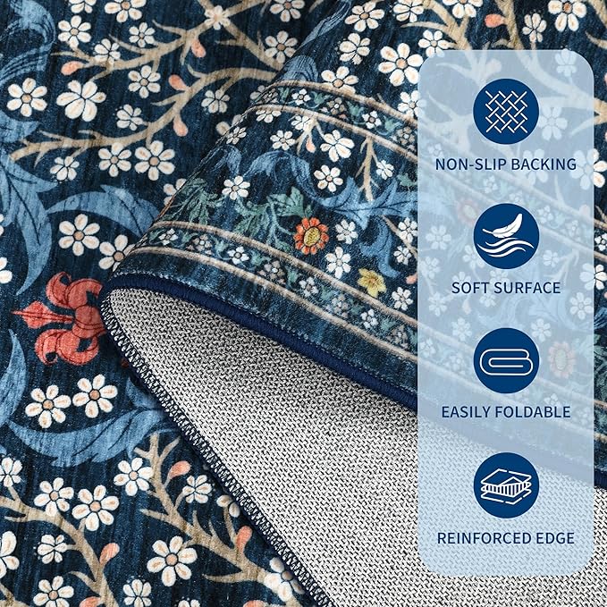 GarveeHome Washable Rug for Living Room, 9x12 Large Area Rug for Dining Room Under Table, Bedroom, Floral Soft Low Pile Non Slip Stain Resistant Carpet for Nursery, Playroom, Office, Dark Blue