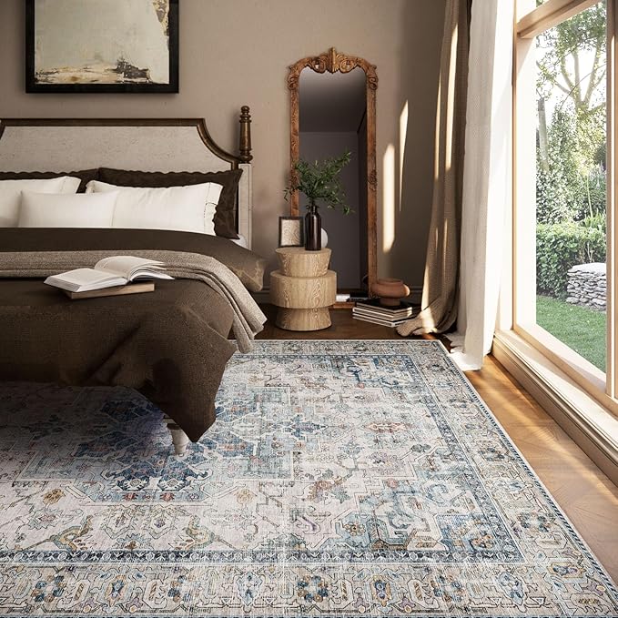 8x10 Area Rugs for Living Room: Washable Bedroom Rug Boho Vintage Rugs Stain Resistant Non Slip Low Pile Soft Lightweight Carpet for Kitchen Dining Room Farmhouse Nursery Kids Room Home Office