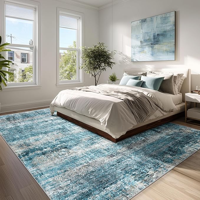 LEPEII 8x10 Area Rugs, Machine Washable Low Pile Rugs for Living Room, Modern Abstract Area Rugs for Bedroom, Large Area Rug with Non-Slip Backing for Dining Room-Blue