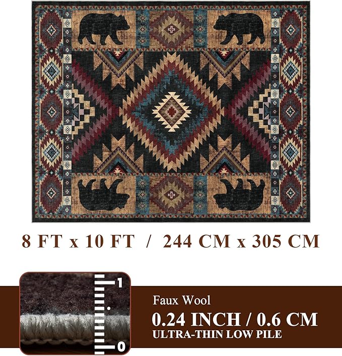 YIHOUSE Rustic Cabin Area Rug for Living Room 8x10,Machine Washable Lodge Bear Rug,Non-Slip Low Pile Print Pattern Western Rug for Bedroom