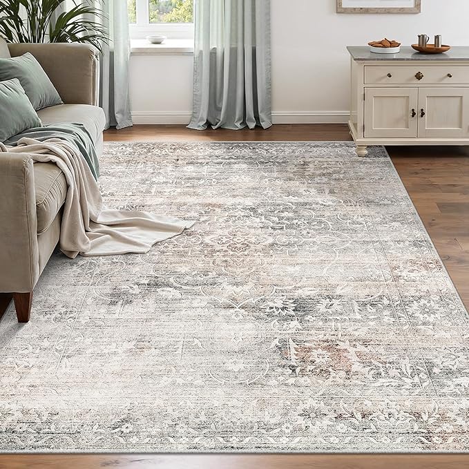 Area Rugs 5x7 for Living Room, Floral Washable Rugs for Dining Room, Bedroom, Kitchen, Vintage Non-Slip Thin Area Rug Taupe
