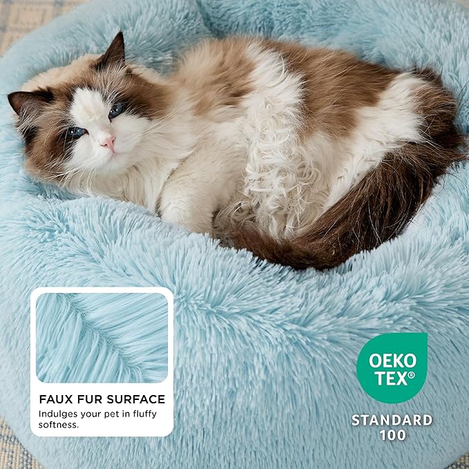 Bedsure Calming Cat Beds for Indoor Cats - Small Cat Bed Washable 20 inches, Anti-Slip Round Fluffy Plush Faux Fur Pet Bed, Fits up to 15 lbs Pets, Aqua Blue