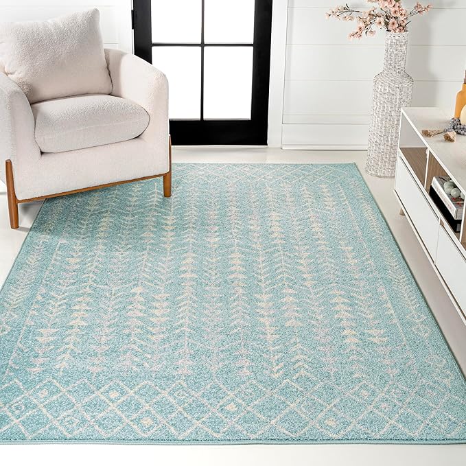 JONATHAN Y Ziri Moroccan Geometric Turquoise/Cream Indoor Area Rug, 4x6, Bohemian, Scandinavian, Easy-Cleaning for Living Room, Bedroom, Kitchen, Pet Friendly, Non-Shedding (MOH210E-4)