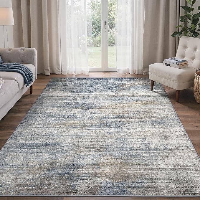 Area Rugs 5x7 for Living Room Bedroom, Modern Abstract Machine Washable Rug, Large Soft Low Pile Floor Carpet with Non Slip Backing for Dining Room, Denim Blue/Taupe
