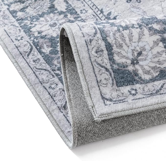 6x9 Area Rug Blue Washable Vintage Carpet Living Room Bedroom Large Non Slip Stain Soft Resistant Low Pile Thin Boho Accent Indoor Throw Rug for Dining Room Office