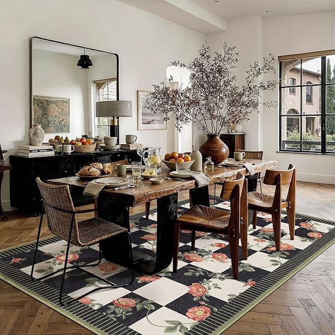 HUGEAR 6x9 Checkered Area Rugs Machine Washable Black and White Living Room Rug Floral Print Non-Slip Stain Resistant Low Pile Indoor Throw Carpet for Bedroom Home Unique Aesthetic Modern Decor