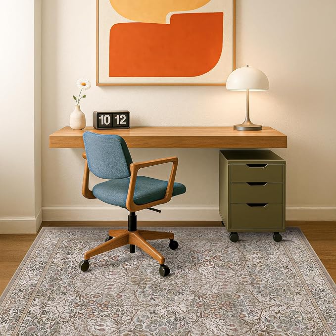5x7 Washable Moss Green Oriental Area Rug for Living Room - Dining Room Rugs for Under Table, Home Office, Low Pile Non-Slip Floor Carpet for Bedroom - Vintage Brown Design & Stain Resistance