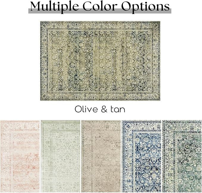 Olive Green Boho Area Rug 5 x7 for Living Room Washable Non Slip Low Pile Stain Resistant Rubber Backed Cottagecore Neutral Bedroom Nursery Rugs 5x7