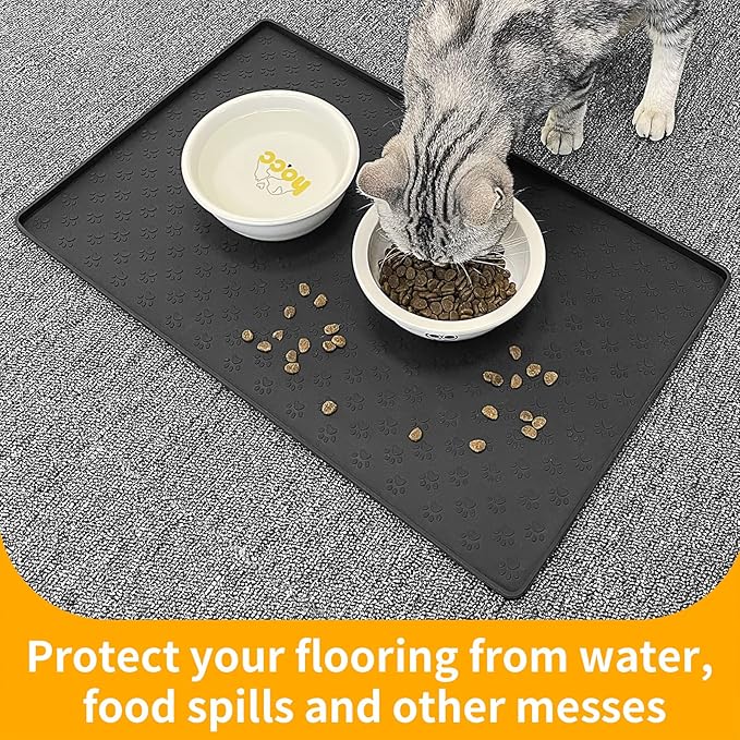 Ptlom Pet Placemat for Dog and Cat, Mat for Prevent Food and Water Overflow, Suitable for Small, Medium and Big Pet,24.5" 16.5", Black