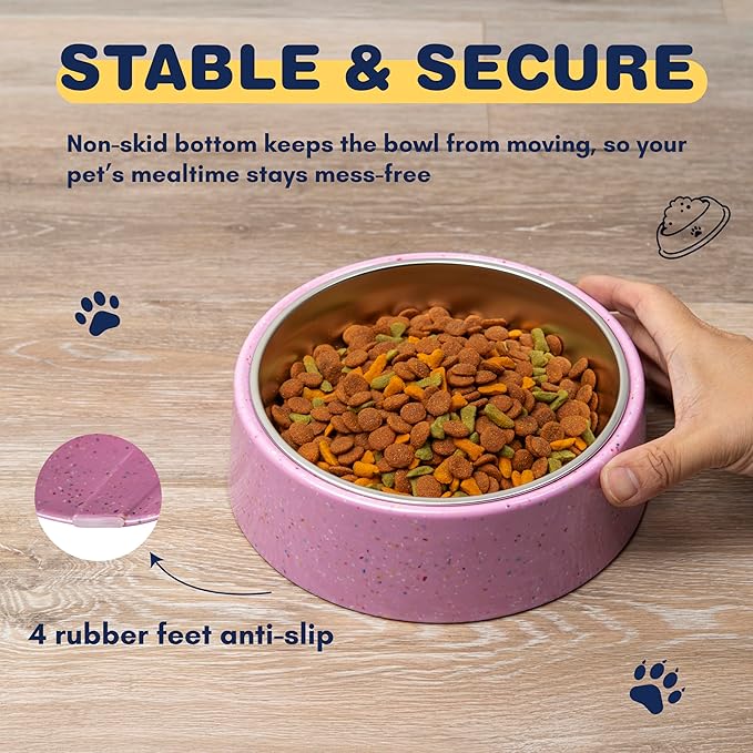 Bzyoo 4 Cup Tilted Dog Bowl with Measuring Scoop for Small Dogs & Cats, Stylish Sprinkle Design, Elevated, Stainless Steel 32 oz Inner Bowl, Non-Skid, Help Cotain Spills Color: Pink