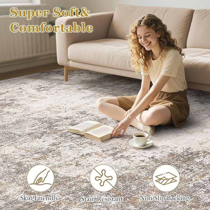 Area Rugs for Living Room: 5x7 Abstract Washable Rug Modern Neutral Large Soft Stain Resistant Non-Slip Backing Machine Table for Bedroom Dining Room Indoor Home Office Carpet - Brown Grey