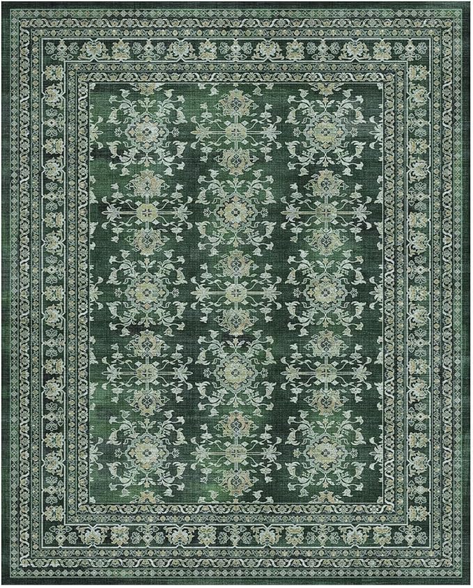 Lessymo 8x10 Area Rugs for Living Room, Machine Washable Non Slip Large Rug, Soft Low Pile Carpet for Bedroom Dining Office, Vintage Dark Green Distressed Floral Floor Decor