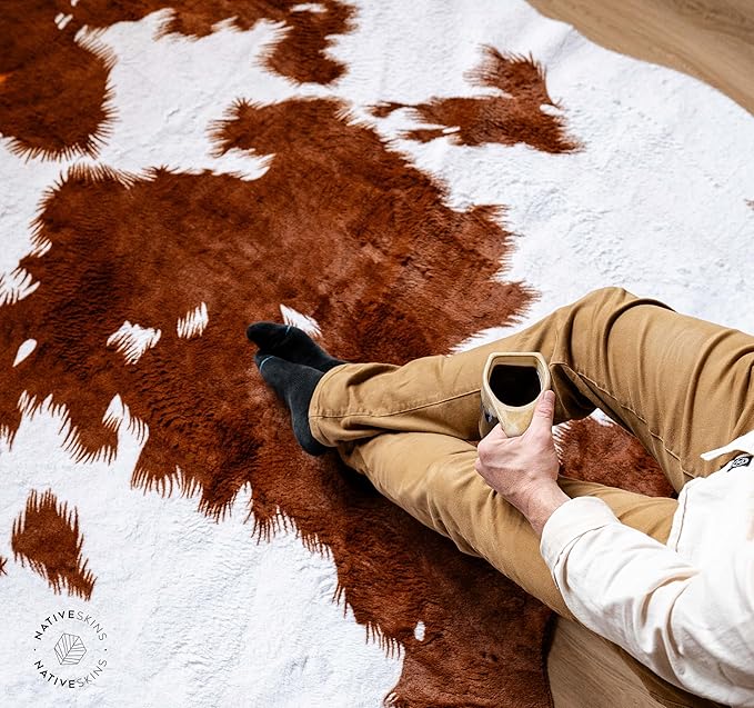 NativeSkins Faux Cowhide Rug ??Brown and White (Oversized) | 6'3" x 8'2" | Cow Print | Western Bedroom Decor | Hand-Cut, Faux Suede No-Slip Backing | Western Rug | Animal Print | Cow Hide
