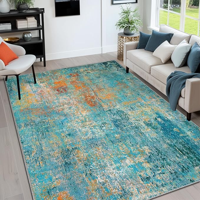 Washable Area Rugs 6'x9' Non-Slip Modern Abstract Soft for Living Room Entryway Bedroom Nursery, Print Pattern, Teal Blue Green Orange Rust Red Coloreful