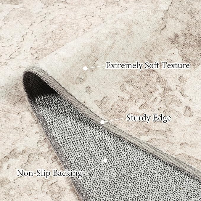 Art&Tuft Non-Slip Runner Rug - 3x5 Runner Rug Washable Low-Pile Rugs Runners, Soft Distressed Carpet Runner for Bedroom Bathroom Kitchen Laundry Living Room, Beige