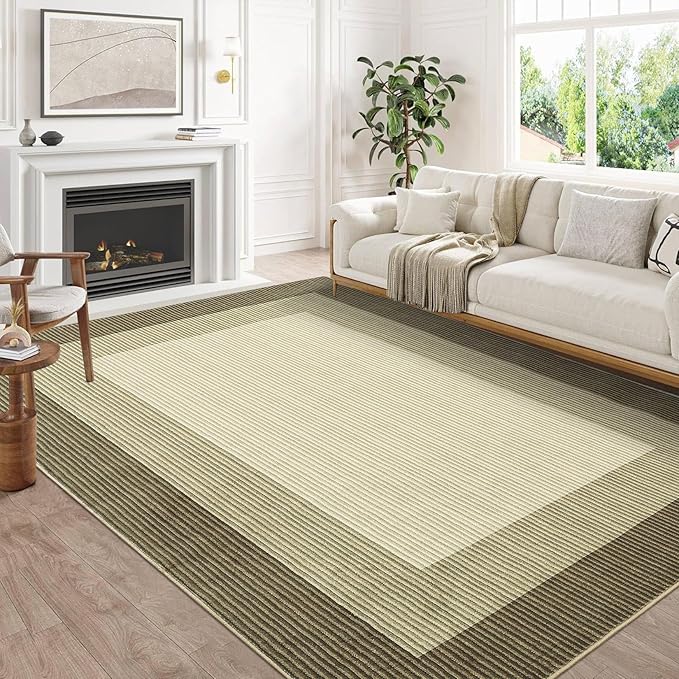GarveeHome Area Rugs 10x13 Living Room Rug, Machine Washable Rug Large Modern Bordered Rug Soft Carpet Bedroom Non Slip Stain Resistant Neutral Solid Border 10x13 Carpet for Farmhouse Brown