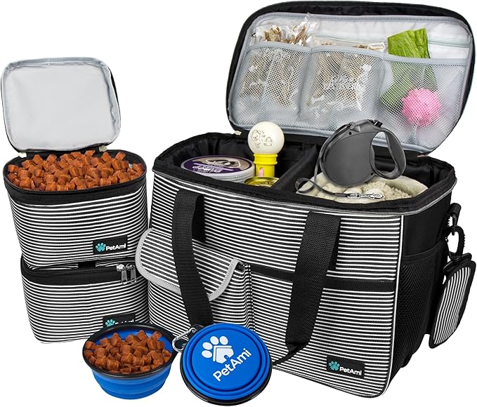 PetAmi Dog Travel Bag - Travel Pet Organizer with Food Container and Bowls, Perfect for Weekend Camping, Cat Diaper Bag (Stripe Black, Medium)