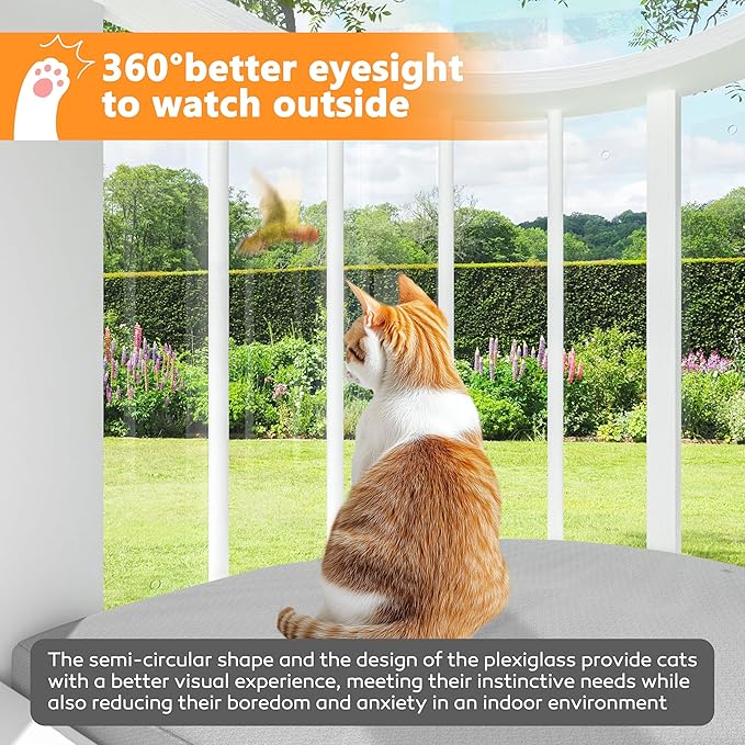 Cat Window Box, Semicircular Adjustable Window Catio, Wooden Cat Window Perch Fits Vertical Window Frames 26" to 42" Wide, Sunbathing, Napping & Overlooking, White