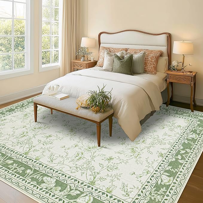 Sage Green Floral 5x7 Area Rug Vintage Boho Washable Printed Rug for Living Room Non-Slip Soft Bedroom Cottagecore Farmhouse Carpet for Dining Room Nursery Light Green and Cream Beige Sketch Style