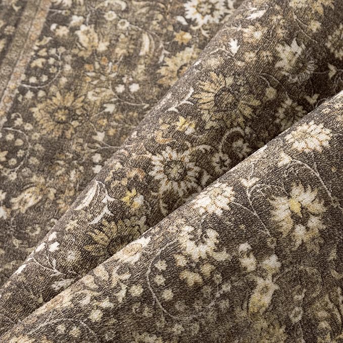 HUGEAR 8x10 Machine Washable Rugs Brown Hallway Large Area Rug Indoor Accent Rug Floral Low Pile Carpet Soft Throw Aesthetic Rug Bedroom Living Room Office Dining Room Kitchen Laundry Room