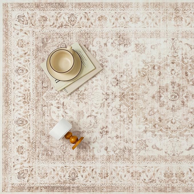 9x12 Beige Washable Vintage Area Rug for Living Room Bedroom Soft Tranditional Non Slip Large Throw Rug Lightweight Floral Low Pile Distressed Carpet Office Playroom Home Decor