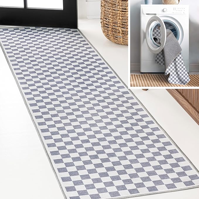 JONATHAN Y Machine Washable Purple Gray/White Runner Rug 2X8 ft, Ainsley Modern Cottage Checkerboard for Living Room, Bedroom, Kitchen, Office, Easy-Cleaning, Pet-Friendly, Non-Shedding WSH126A-28