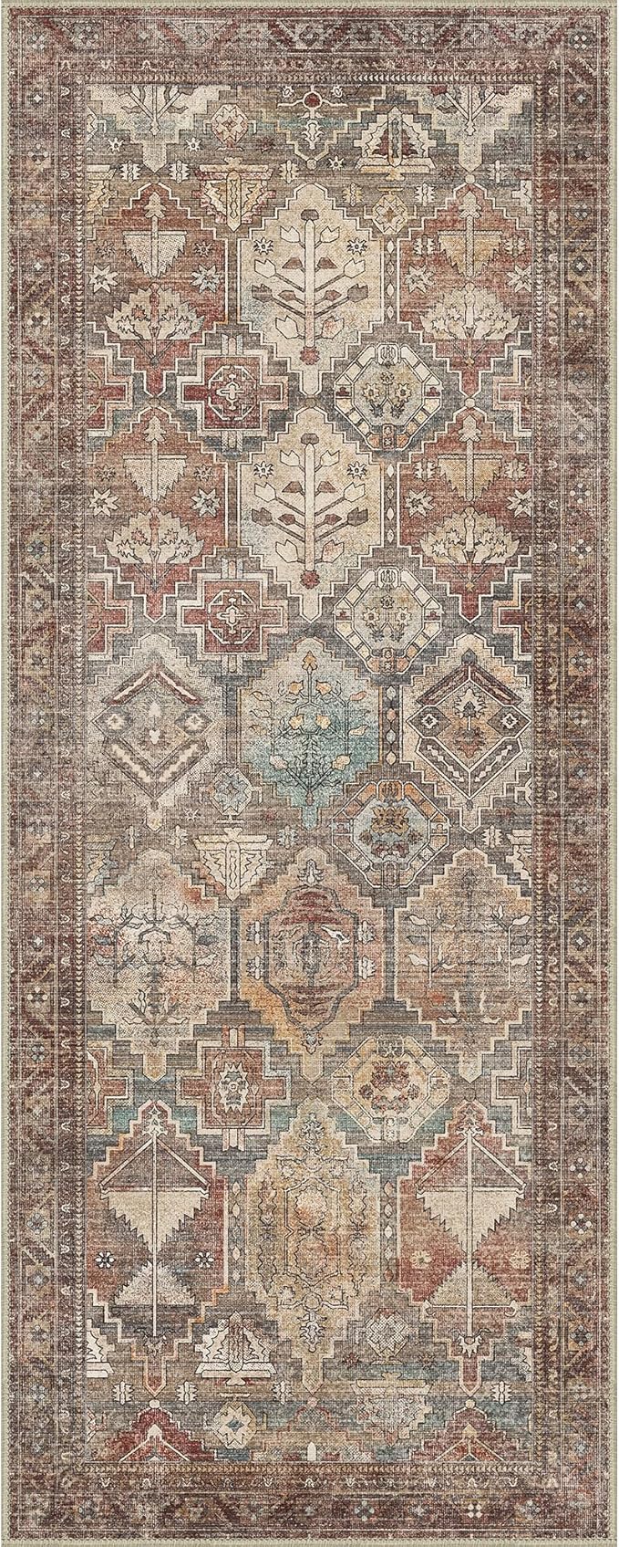 Bavni Runner Rugs 2x5 Kitchen Rug for Hallways Entryway, Washable Vintage Print Carpet, Ultra-Thin Low Pile Lightweight Rug with Non Slip Backing, Reddish Brown