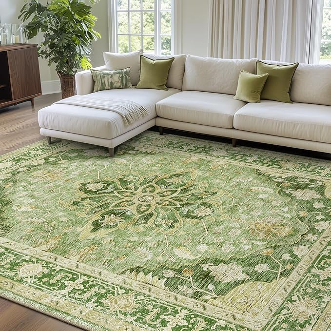 Area Rugs 9'x12' Washable Non-Slip, Floral Vintage Distress Print Pattern Medallion Carpet for Living Room Bedroom Dining Room, Sage Green Yellow