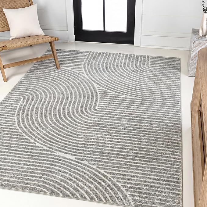 JONATHAN Y Hallie High-Low Curve Gray/Ivory Indoor/Outdoor Area Rug, 12x18, Minimalist, Pet Friendly, Non-Shedding, Stain Resistant, Hose-Washable for Backyard, Patio, Porch (SCN100A-18)