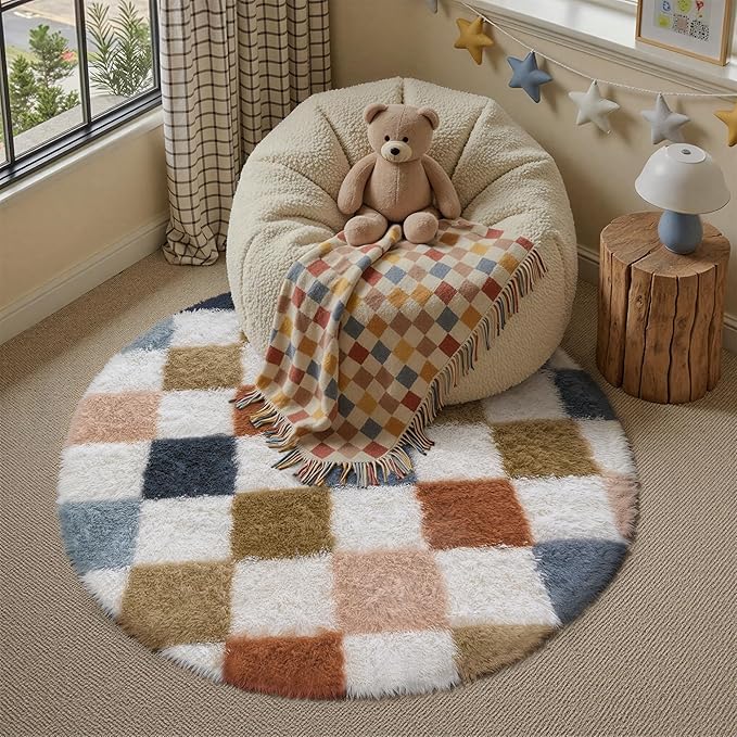 Checkered Rug 4x4 for Living Room, Modern Rainbow Shag Rug Super Soft Washable Indoor Fuzzy Carpet Non-Slip Fluffy Rugs for Bedroom Home Aesthetic Decor