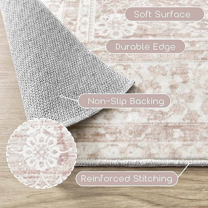 Light Pink Bedroom Rugs 6x9 Vintage Distressed Aesthetic Cute Boho Floral Feminine Low Pile Soft Carpet Machine Washable Stain Resistant Area Rugs for Kids Room Nursery Playroom Office 6 x 9