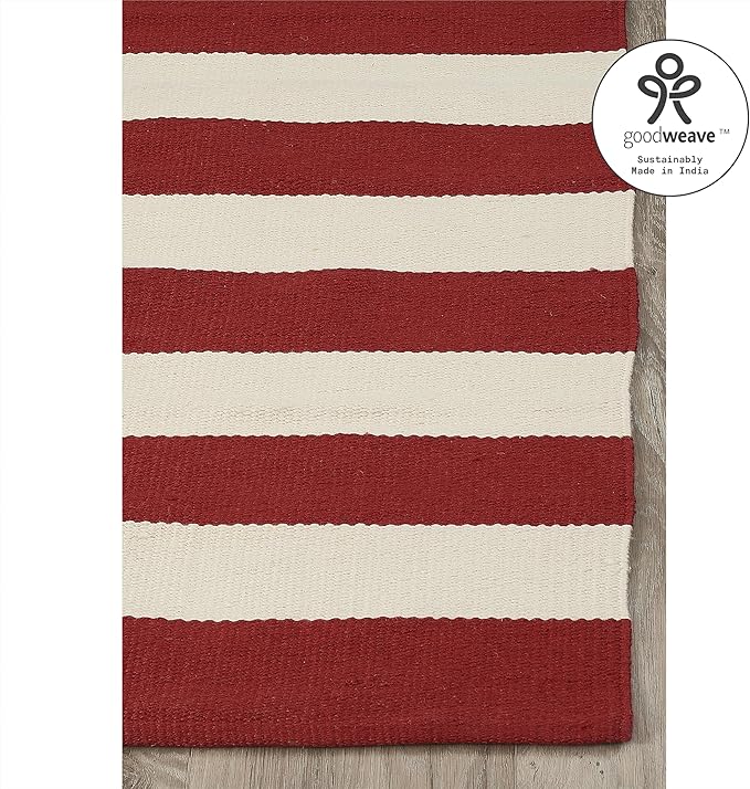 Fab Habitat Machine Washable Area Rug - Hand Woven, Stain Resistant, Pet Friendly - Premium Recycled Polyester Yarn - Stripes - Bedroom, Living Room - Nantucket - Red & White - 4 x 6 ft