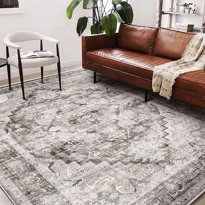 Washable Area Rug 10'x14' Deep Khaki Retro Flowers Boho Design Non-Shedding Easy Care Ideal for High Traffic Areas in Living Room Bedroom Office Coffee Table Kitchen Large Carpet