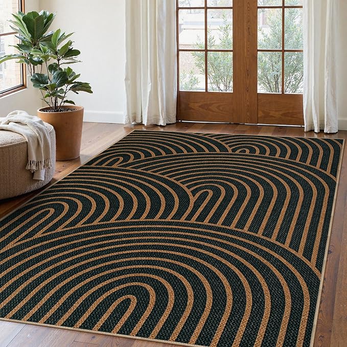 Lahome Modern Rainbow Easy Jute Carpet, Washable 5x7 Area Rugs for Living Room Black Farmhouse Dining Room Rug, Contemporary Natural Throw Mat Non Slip Floor Carpet for Office RV Patio