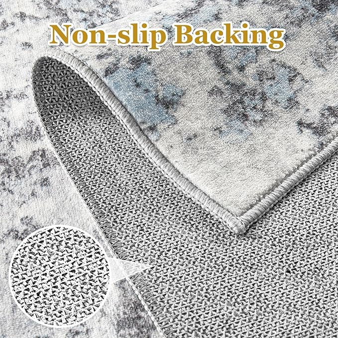 5ft Round Area Rugs for Living Room: 5x5 Abstract Washable Rug Modern Large Soft Stain Resistant Non-Slip Backing Machine Table for Bedroom Dining Room Indoor Home Office Carpet - Blue Grey