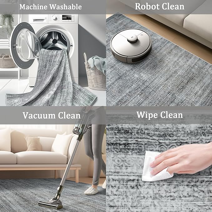 9x12 Area Rug Living Room Rugs - Washable Rug Large Modern Abstract Soft Thin Carpets Indoor Floor No Slip Vintage Carpet for Bedroom Under Dining Table Nursery Home Office Decor Gray Blue