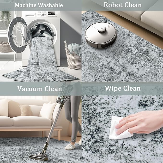 9x12 Area Rug Living Room Rugs - Washable Rug Large Modern Abstract Soft Thin Carpets Indoor Floor No Slip Vintage Carpet for Bedroom Under Dining Table Nursery Home Office Decor Gray White