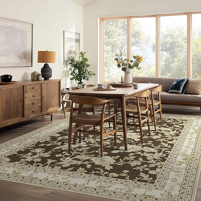 Brown Floral Print Area Rugs for Bedroom Living Room Boho Farmhouse Country Rustic Dining Room Carpet Soft Washable Rugs Non Slip Floor Covering for Nursery Playroom 10x12