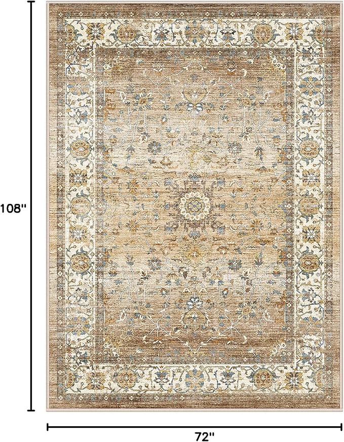 6x9 Area Rugs for Living Room - Stain Resistant Machine Washable Rugs for Bedroom,Non-Slip Backing Large Area Rug (Apricot/Blue, 6'x9')