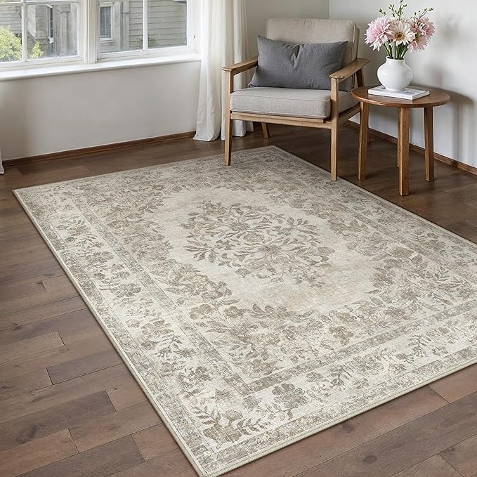 3x5 Area Rug Beige Washable Office Vintage Distressed Carpet Bedroom Indoor Medallion Floral Living Room Non Slip Retro Throw Floor Mat for Dining Room Kitchen Bathroom