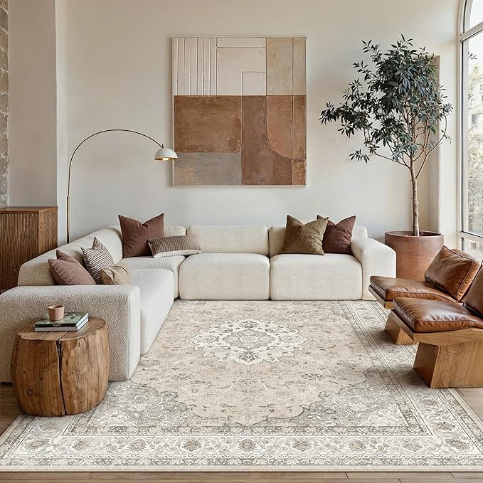 6x9 Neutral Washable Vintage Area Rug for Living Room Bedroom Beige Brown Soft Non Slip Large Throw Rug Lightweight Floral Low Pile Distressed Carpet Office Playroom Home Decor
