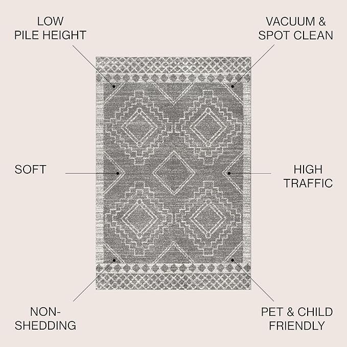 JONATHAN Y Amir Moroccan Beni Souk Gray/Cream 4x4 Square Indoor Area Rug, Bohemian, Scandinavian, Easy-Cleaning for Living Room, Bedroom, Kitchen, Pet Friendly, Non-Shedding (MOH200C-4SQ)