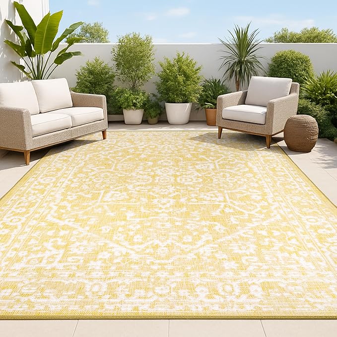 JONATHAN Y Boho Medallion Indoor Outdoor Area Rug 4X6 Yellow/Cream, Malta Textured Weave for Backyard, Patio, Porch, Easy-Cleaning, High Traffic, Pet-Friendly, Non-Shedding (SMB104G-4)