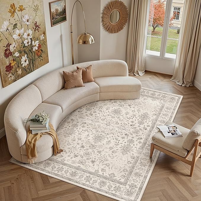 8x10 Area Rug Beige Washable Vintage Carpet Living Room Bedroom Large Non Slip Stain Soft Resistant Low Pile Thin Boho Accent Indoor Throw Rug for Dining Room Office