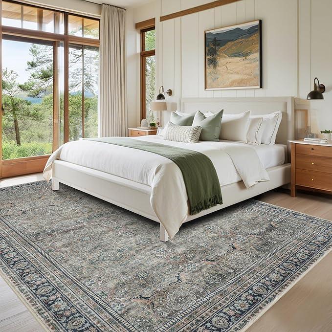 Washable Rugs 8x10 Area Rugs for Living Room,Rugs for Bedroom,Large Carpets,Ultra Soft Faux Wool Retro Dining Room Rug,Non Slip&Non-Shedding Low Pile Vintage Print Rug for Home Office,Green
