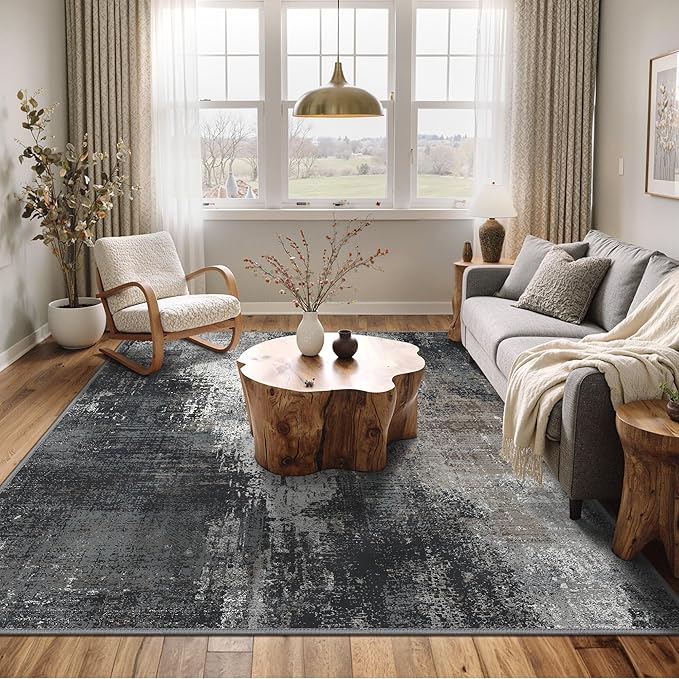 Area Rugs 10x12 for Living Room Bedroom, Modern Abstract Machine Washable Rug, Large Soft Low Pile Floor Carpet with Non Slip Backing for Dining Room, Black